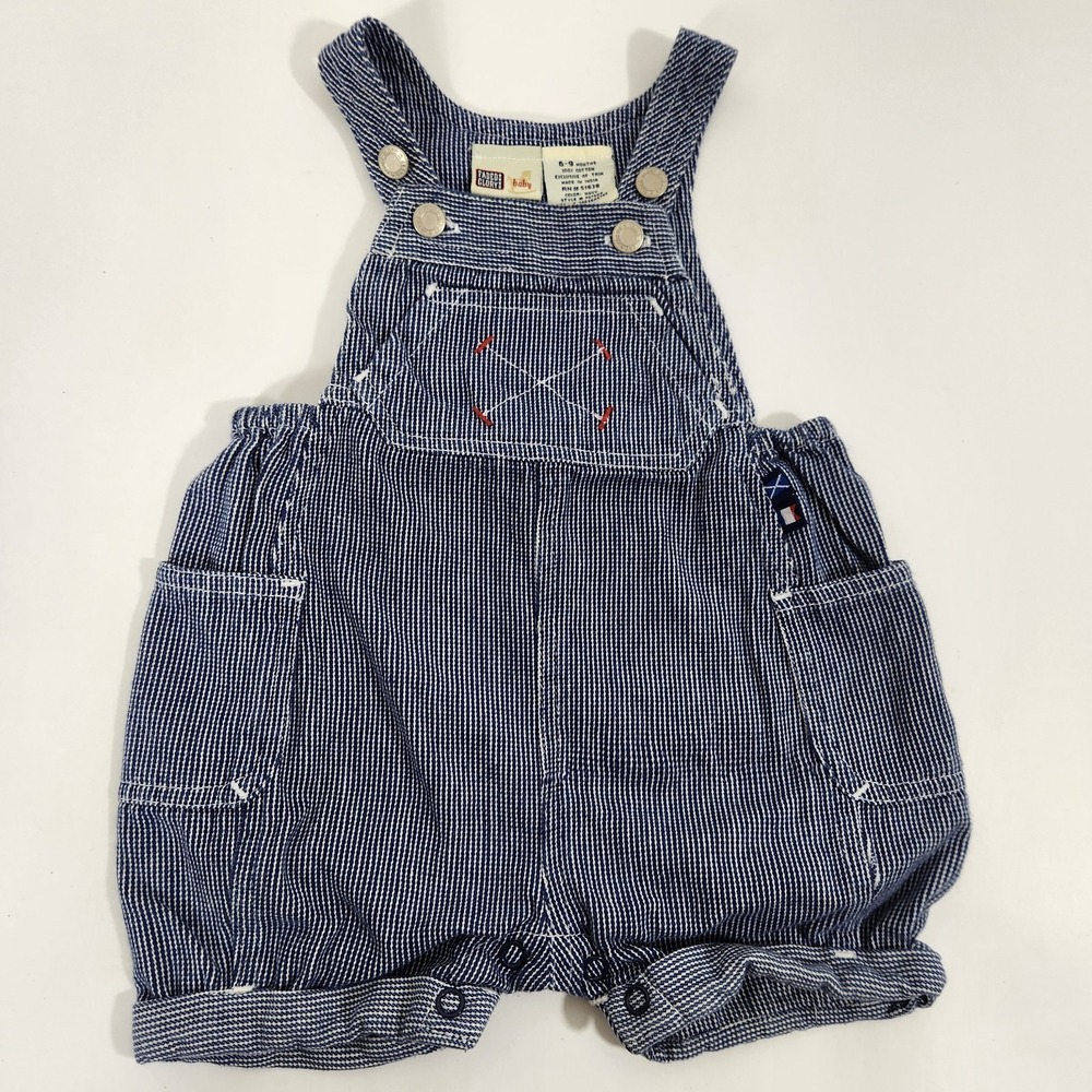 Vintage Y2K Faded Glory Baby Railroad Stripe Shortalls Sz 6-9M Carpenter Romper